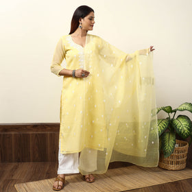 Yellow - Kota Doria Embroidered Kurta with Palazzo & Dupatta Set 02