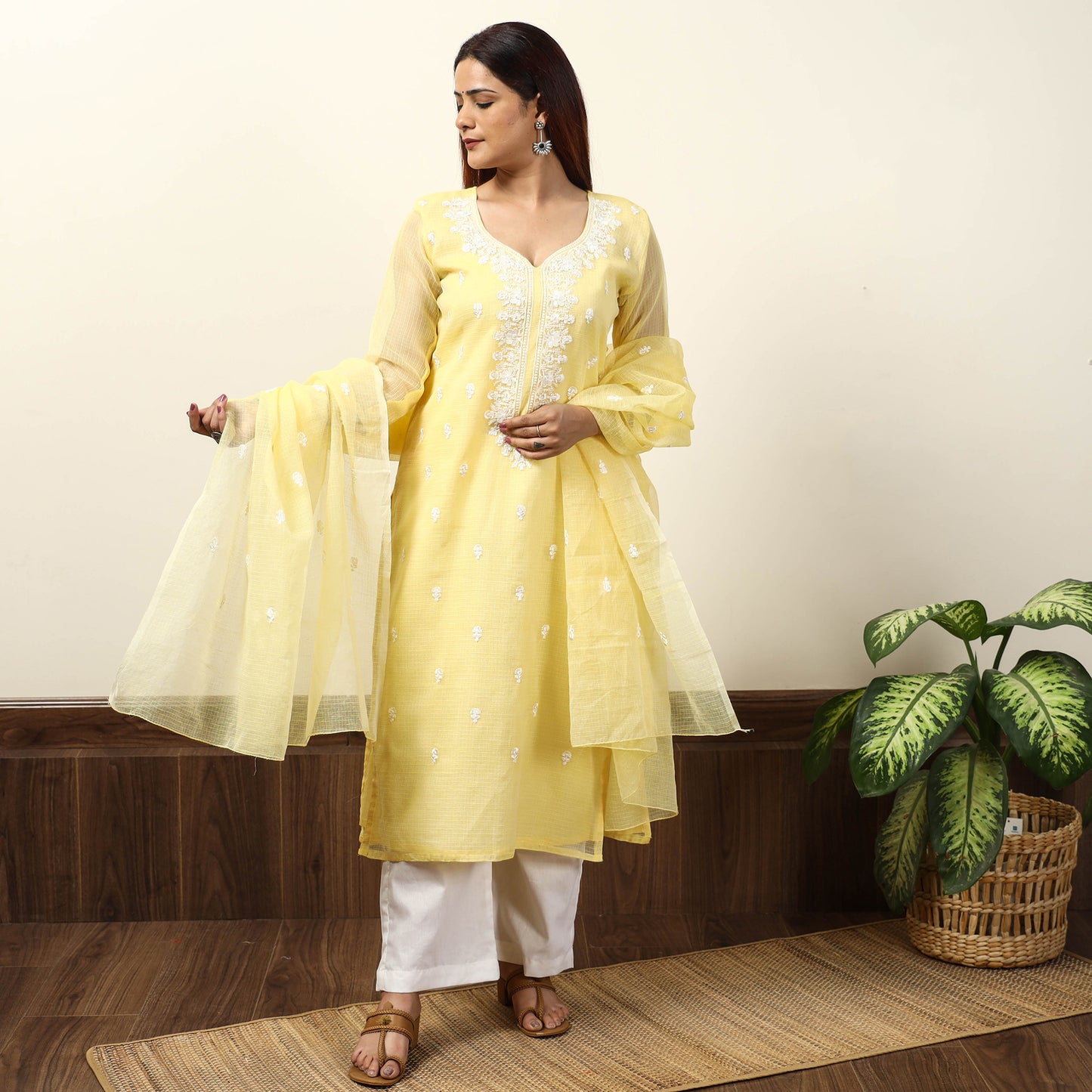 Yellow - Kota Doria Embroidered Kurta with Palazzo & Dupatta Set 02