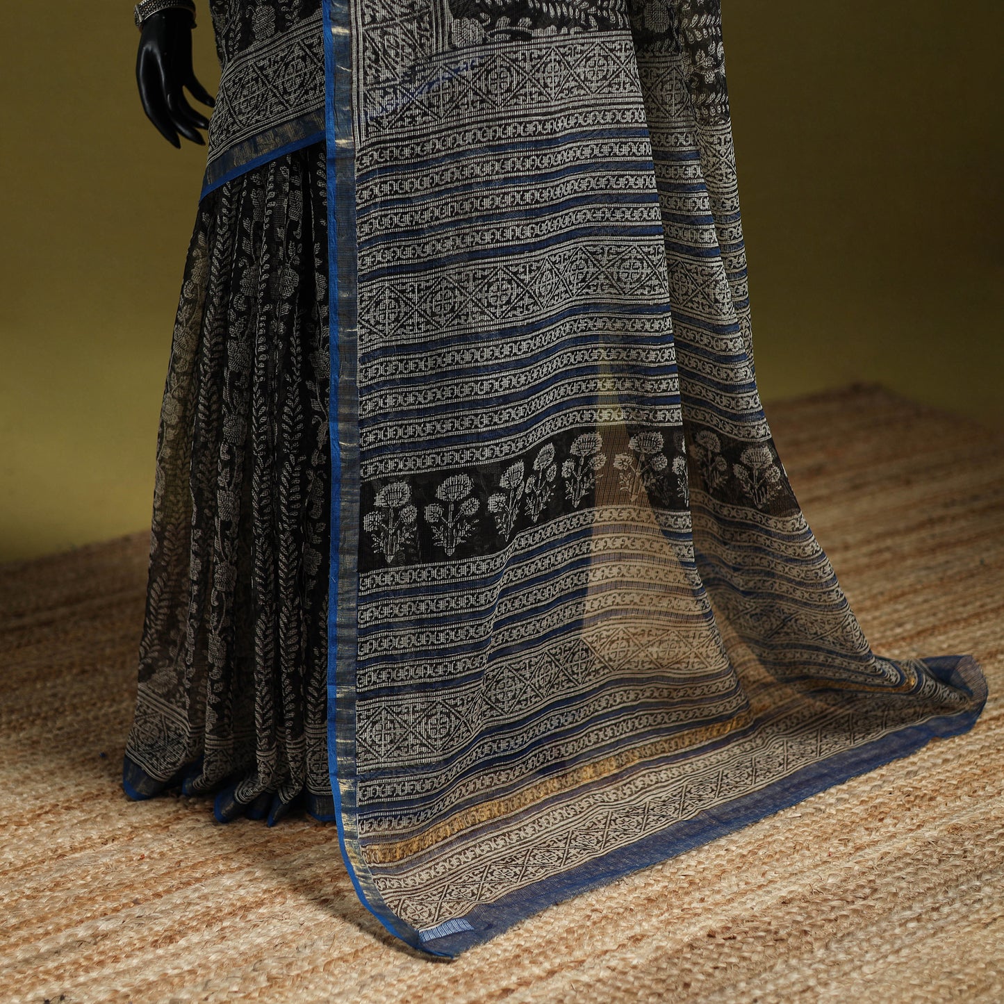Black - Bagru Hand Block Print Kota Doria Cotton Saree 34