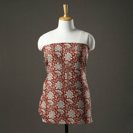 Red - Embroidered Sanganeri Block Print Cotton Kurta Material with Beads - 2.5 Meter