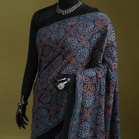 Kutch Hand Block Print Natural Dyed Pure Mul Cotton Ajrakh Saree with Tassels 01