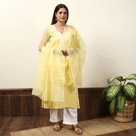 Yellow - Kota Doria Embroidered Kurta with Palazzo & Dupatta Set 02