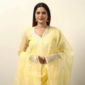 Yellow - Kota Doria Embroidered Kurta with Palazzo & Dupatta Set 02