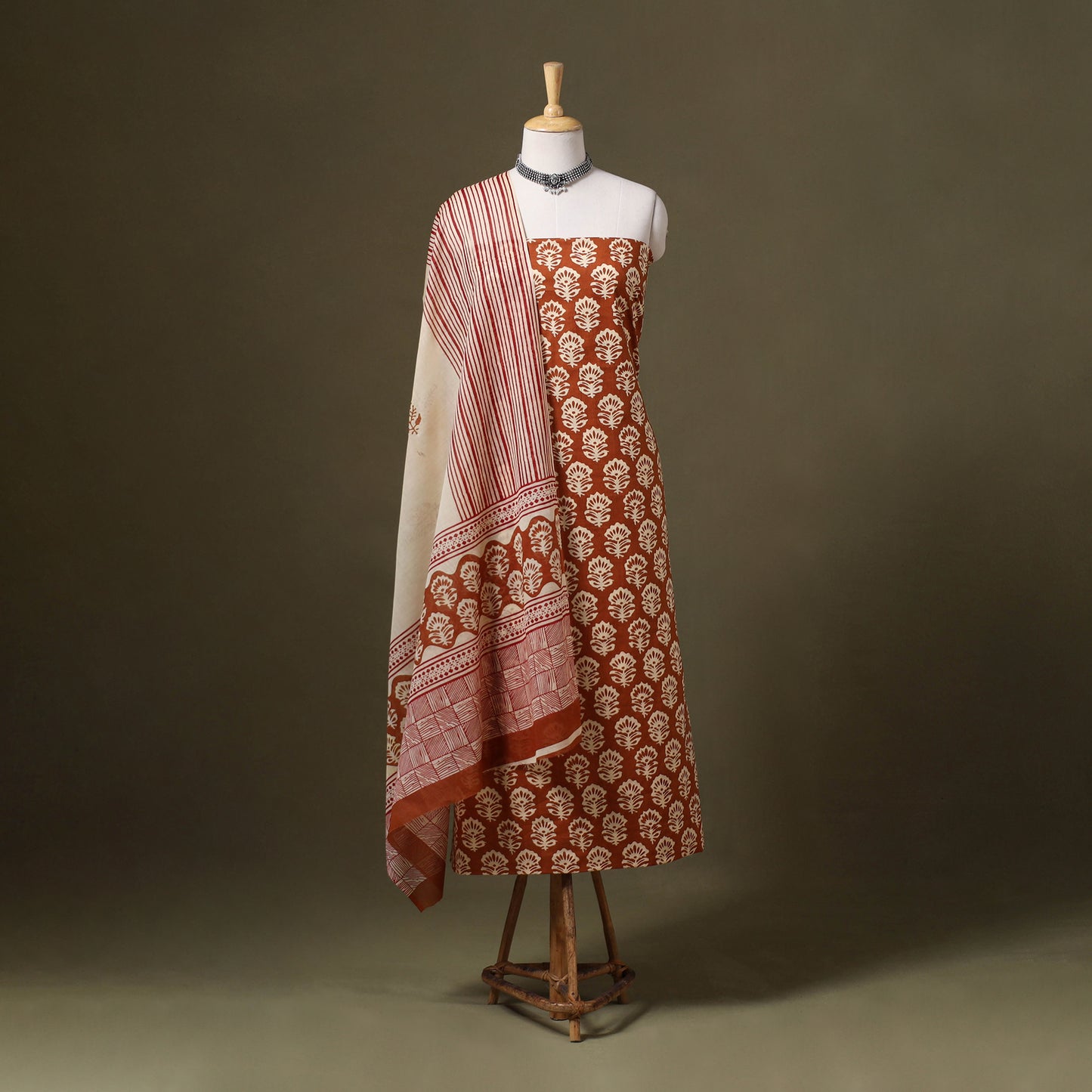 Brown - 3pc cotton bagru unstitched dress material 26