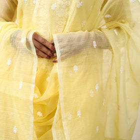 Yellow - Kota Doria Embroidered Kurta with Palazzo & Dupatta Set 02