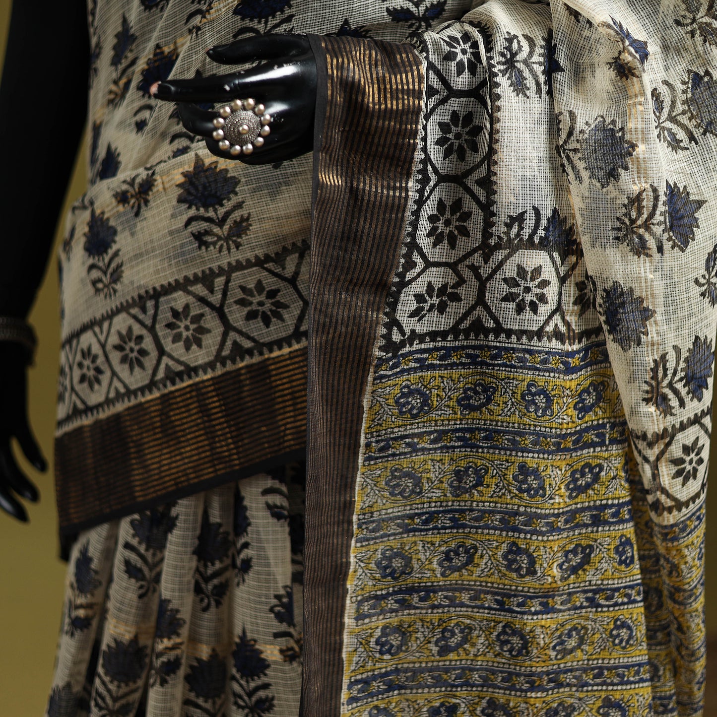 Beige - Bagru Hand Block Print Kota Doria Cotton Saree 35