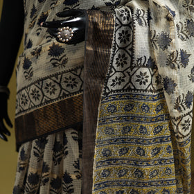 Beige - Bagru Hand Block Print Kota Doria Cotton Saree 35