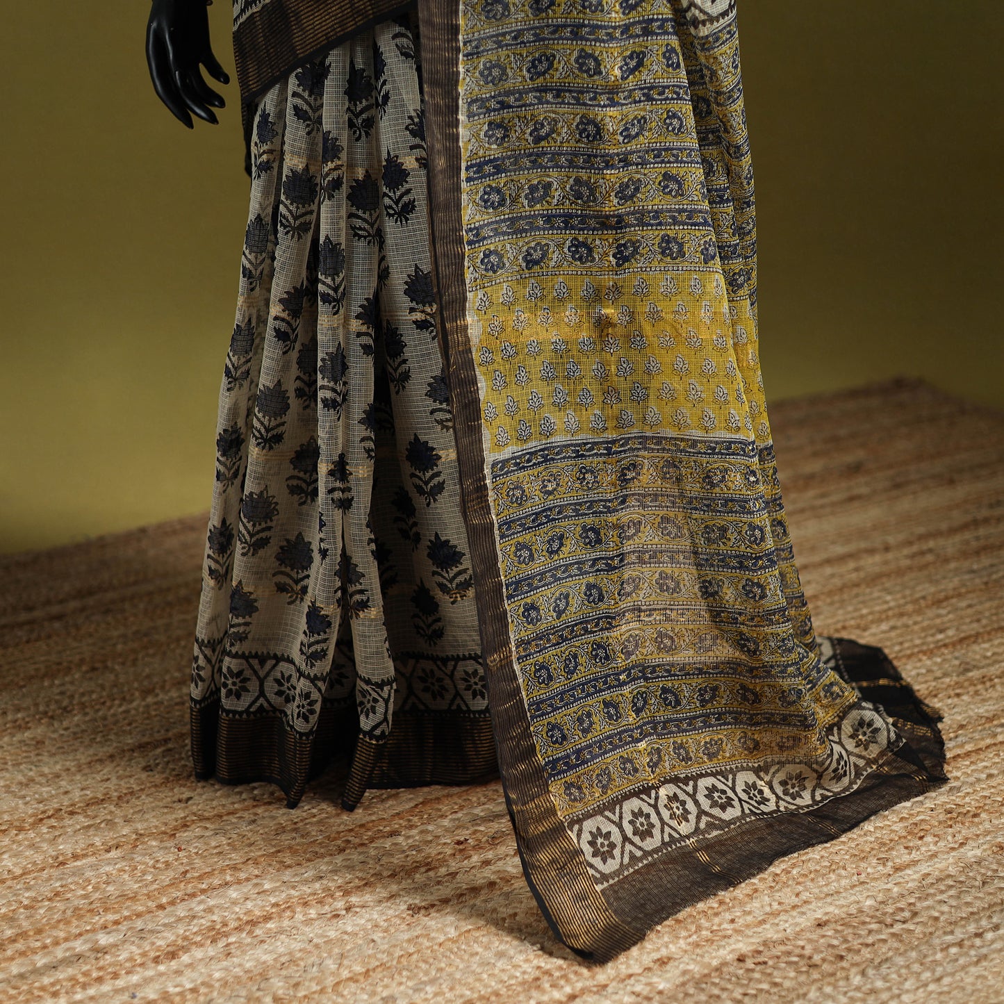 Beige - Bagru Hand Block Print Kota Doria Cotton Saree 35