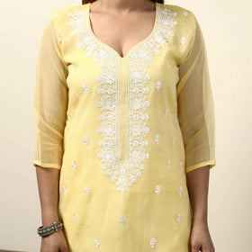 Yellow - Kota Doria Embroidered Kurta with Palazzo & Dupatta Set 02