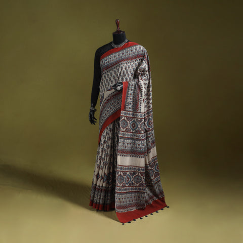 Kutch Hand Block Print Natural Dyed Pure Mul Cotton Ajrakh Saree with Tassels 04