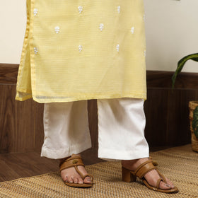 Yellow - Kota Doria Embroidered Kurta with Palazzo & Dupatta Set 02