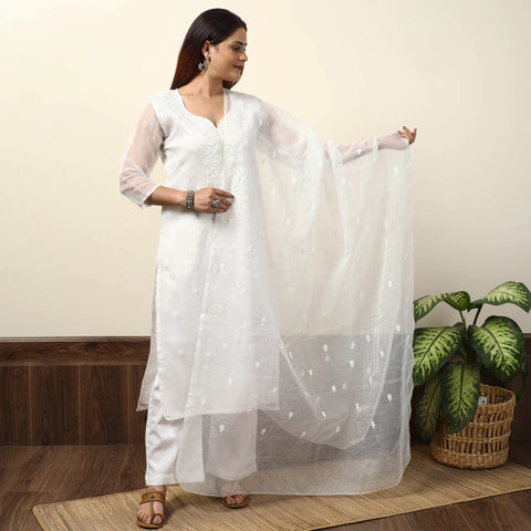 White - Kota Doria Embroidered Kurta with Palazzo & Dupatta Set 03