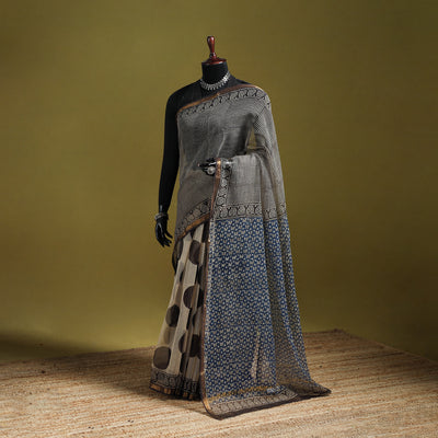 Black - Bagru Hand Block Print Kota Doria Cotton Saree 36