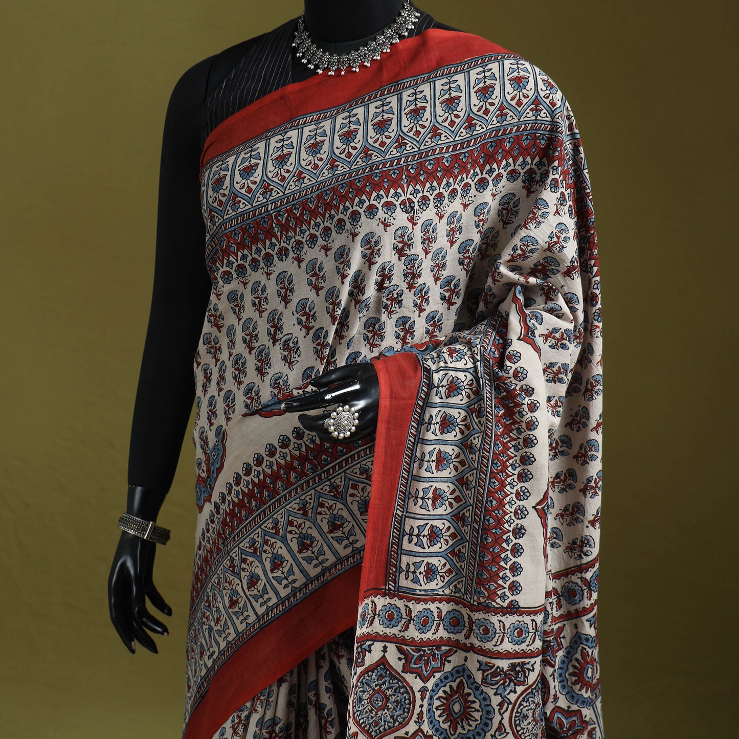 Kutch Hand Block Print Natural Dyed Pure Mul Cotton Ajrakh Saree with Tassels 04