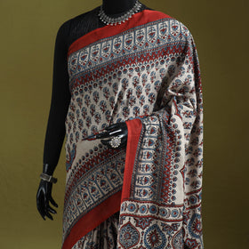 Kutch Hand Block Print Natural Dyed Pure Mul Cotton Ajrakh Saree with Tassels 04