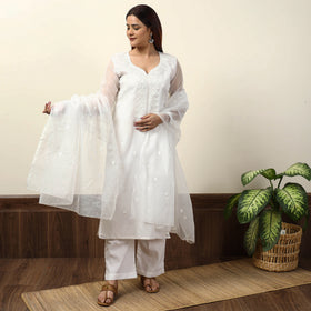 White - Kota Doria Embroidered Kurta with Palazzo & Dupatta Set 03
