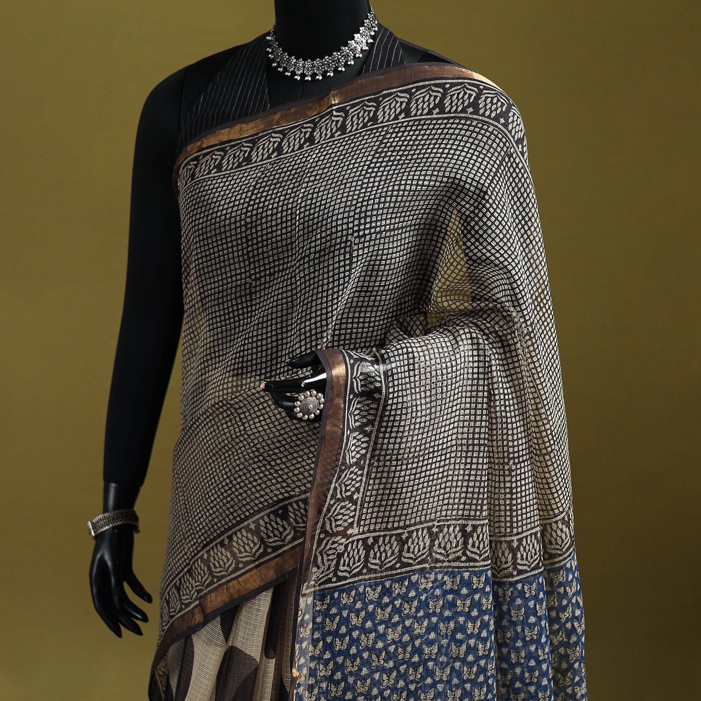 Black - Bagru Hand Block Print Kota Doria Cotton Saree 36