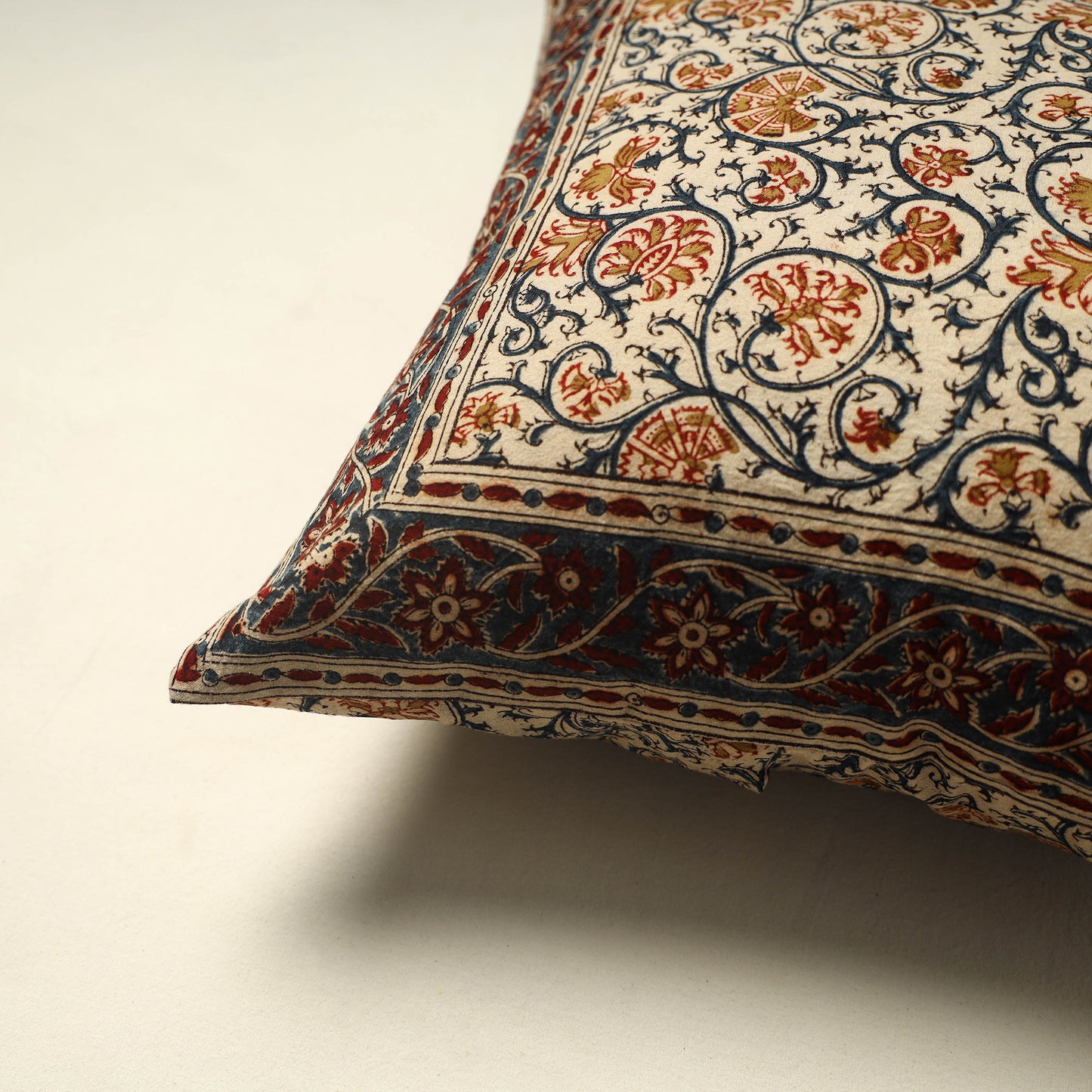 Beige Pedana Block Print Cotton Kalamkari Cushion Cover