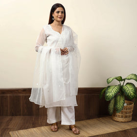 White - Kota Doria Embroidered Kurta with Palazzo & Dupatta Set 03