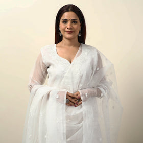 White - Kota Doria Embroidered Kurta with Palazzo & Dupatta Set 03