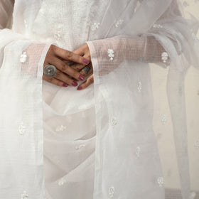 White - Kota Doria Embroidered Kurta with Palazzo & Dupatta Set 03
