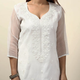 White - Kota Doria Embroidered Kurta with Palazzo & Dupatta Set 03