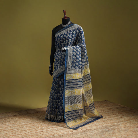 Blue - Bagru Hand Block Print Kota Doria Cotton Saree 37