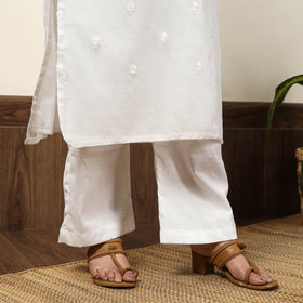 White - Kota Doria Embroidered Kurta with Palazzo & Dupatta Set 03