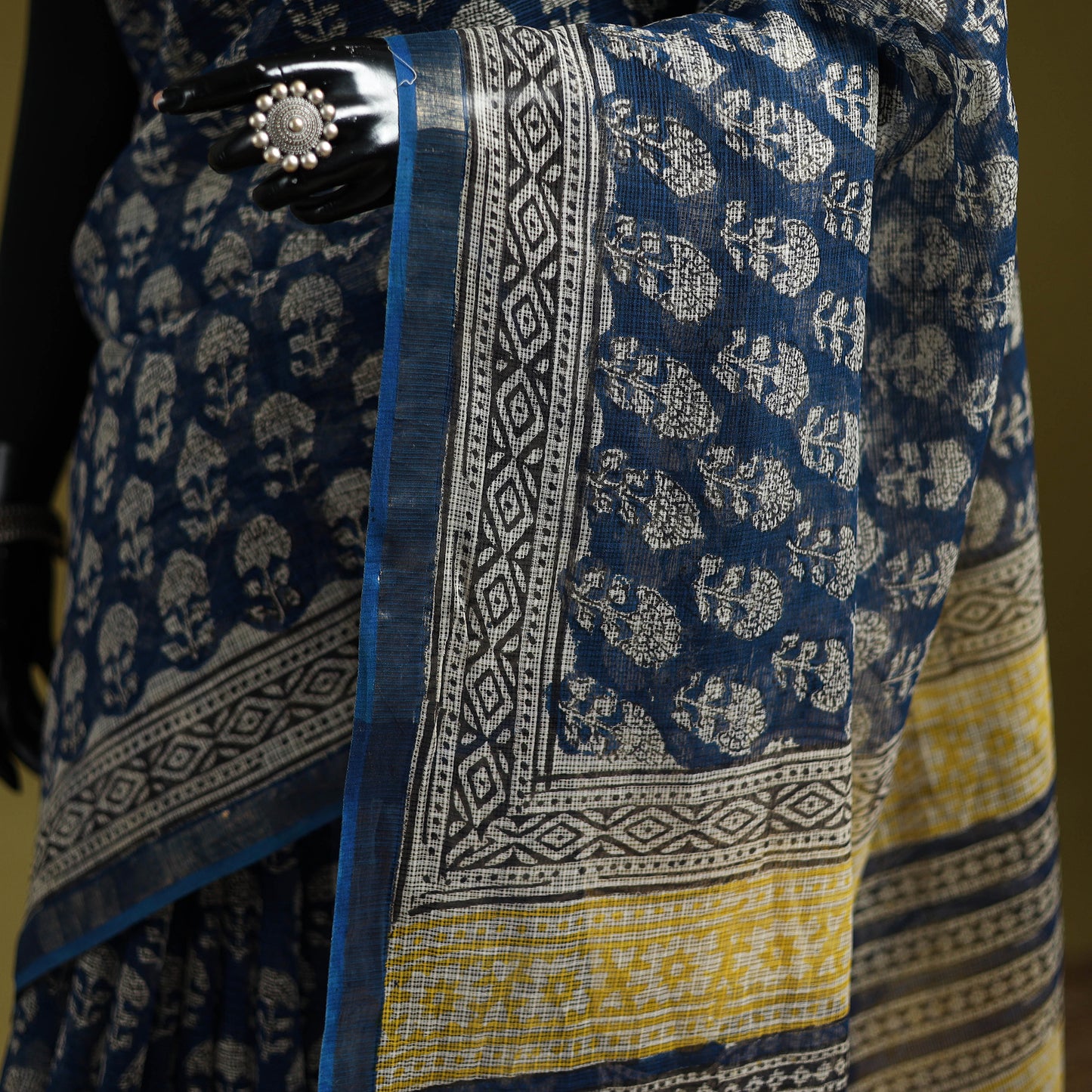 Blue - Bagru Hand Block Print Kota Doria Cotton Saree 37