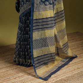 Blue - Bagru Hand Block Print Kota Doria Cotton Saree 37
