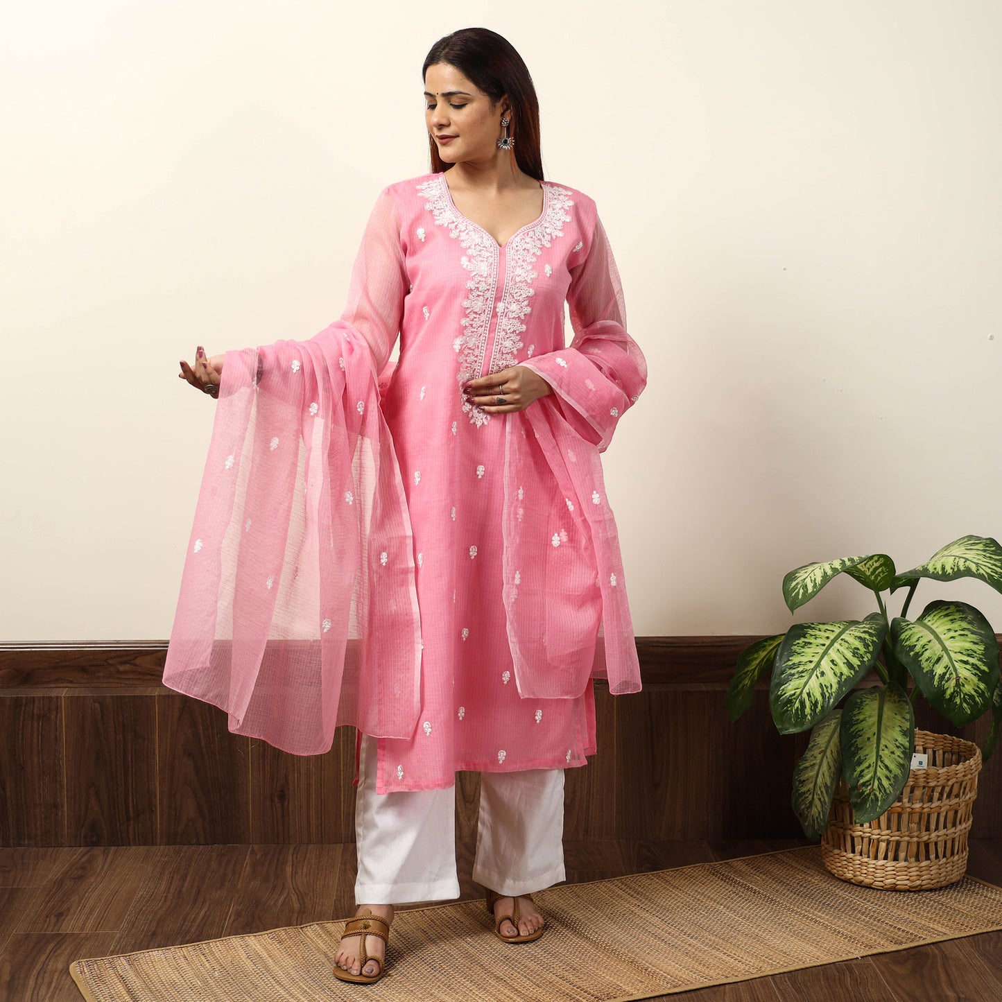 Kota Doria Embroidered Kurta with Palazzo & Dupatta Set 01