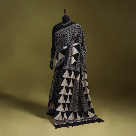 Kutch Hand Block Print Natural Dyed Pure Mul Cotton Ajrakh Saree with Tassels 03