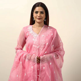 Kota Doria Embroidered Kurta with Palazzo & Dupatta Set 01
