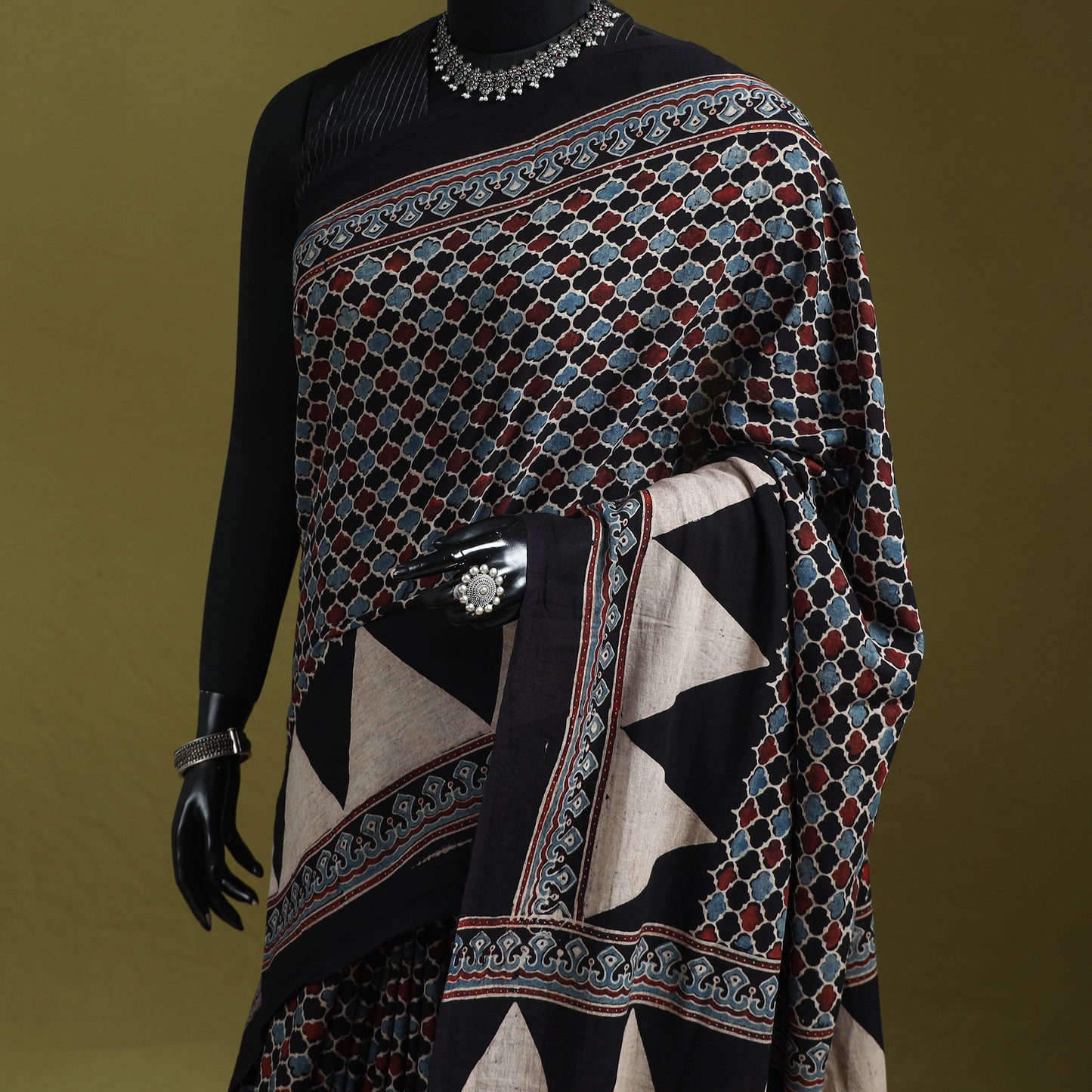 Kutch Hand Block Print Natural Dyed Pure Mul Cotton Ajrakh Saree with Tassels 03