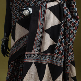 Kutch Hand Block Print Natural Dyed Pure Mul Cotton Ajrakh Saree with Tassels 03