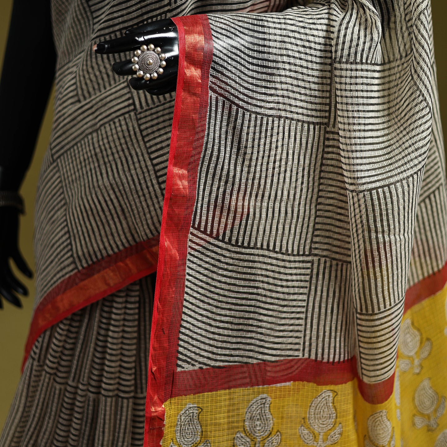 Black - Bagru Hand Block Print Kota Doria Cotton Saree 38