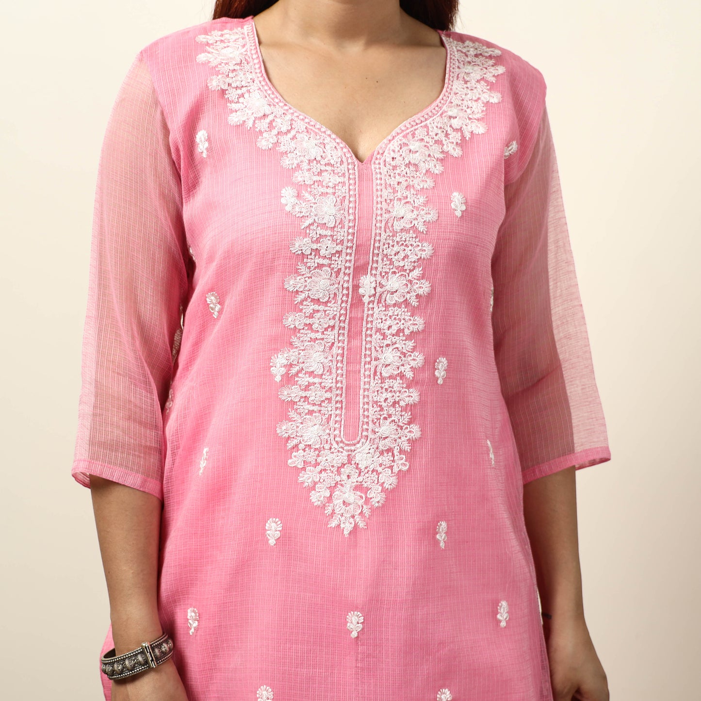 Kota Doria Embroidered Kurta with Palazzo & Dupatta Set 01
