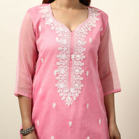 Kota Doria Embroidered Kurta with Palazzo & Dupatta Set 01