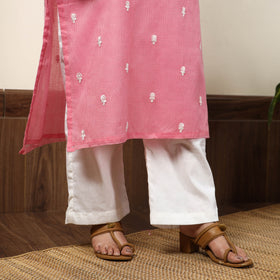 Kota Doria Embroidered Kurta with Palazzo & Dupatta Set 01