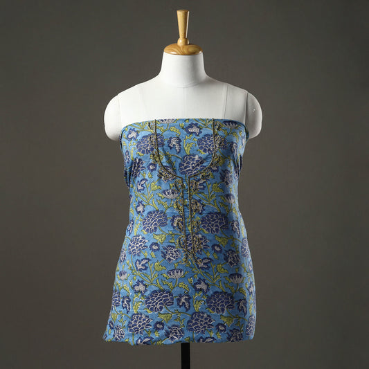 Blue - Embroidered Sanganeri Block Print Cotton Kurta Material with Beads - 2.5 Meter