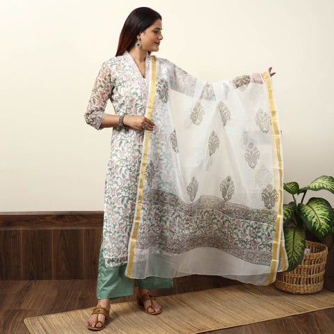White - Sanganeri Block Printed Kota Doria Kurta with Palazzo & Dupatta Set 11