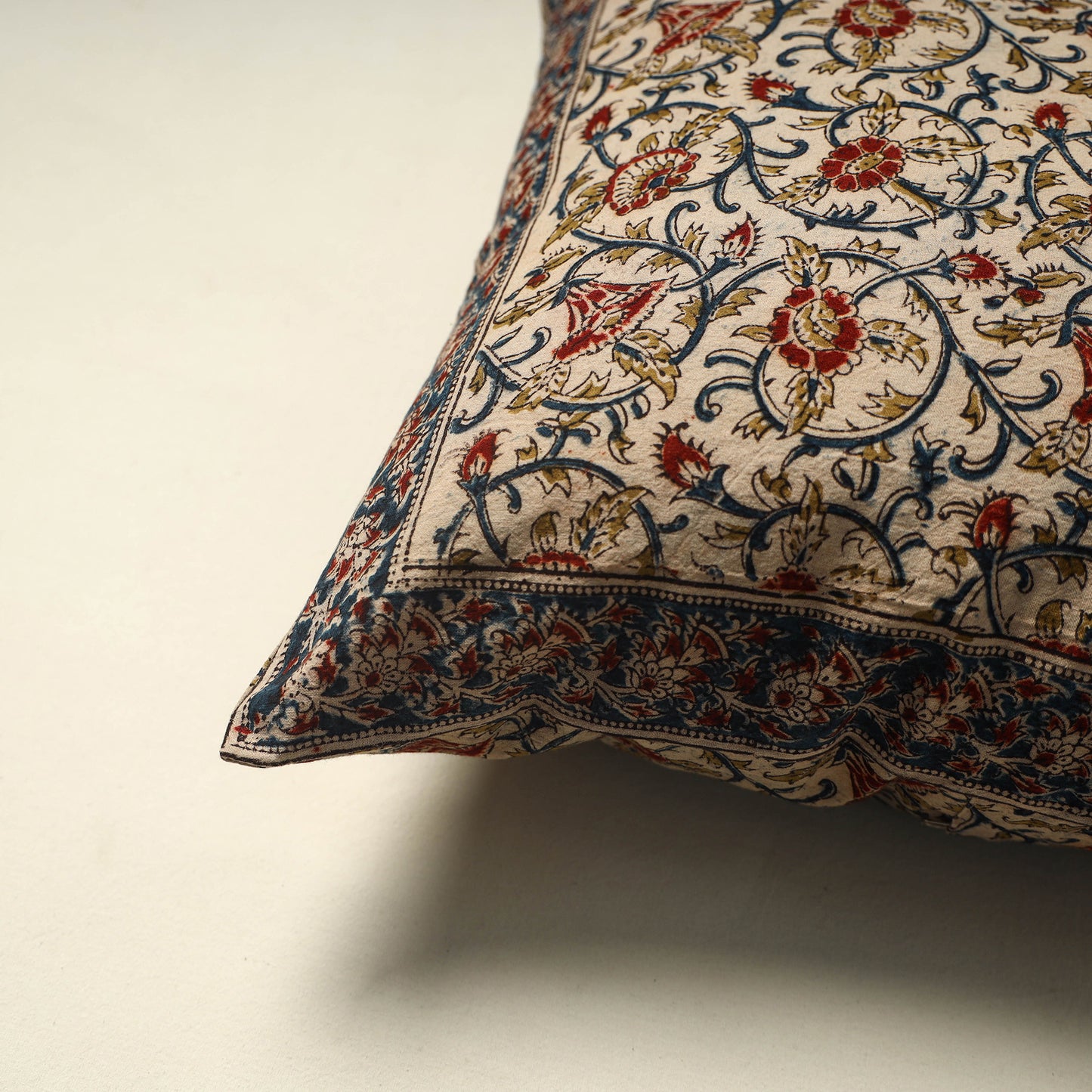Beige Pedana Block Print Cotton Kalamkari Cushion Cover