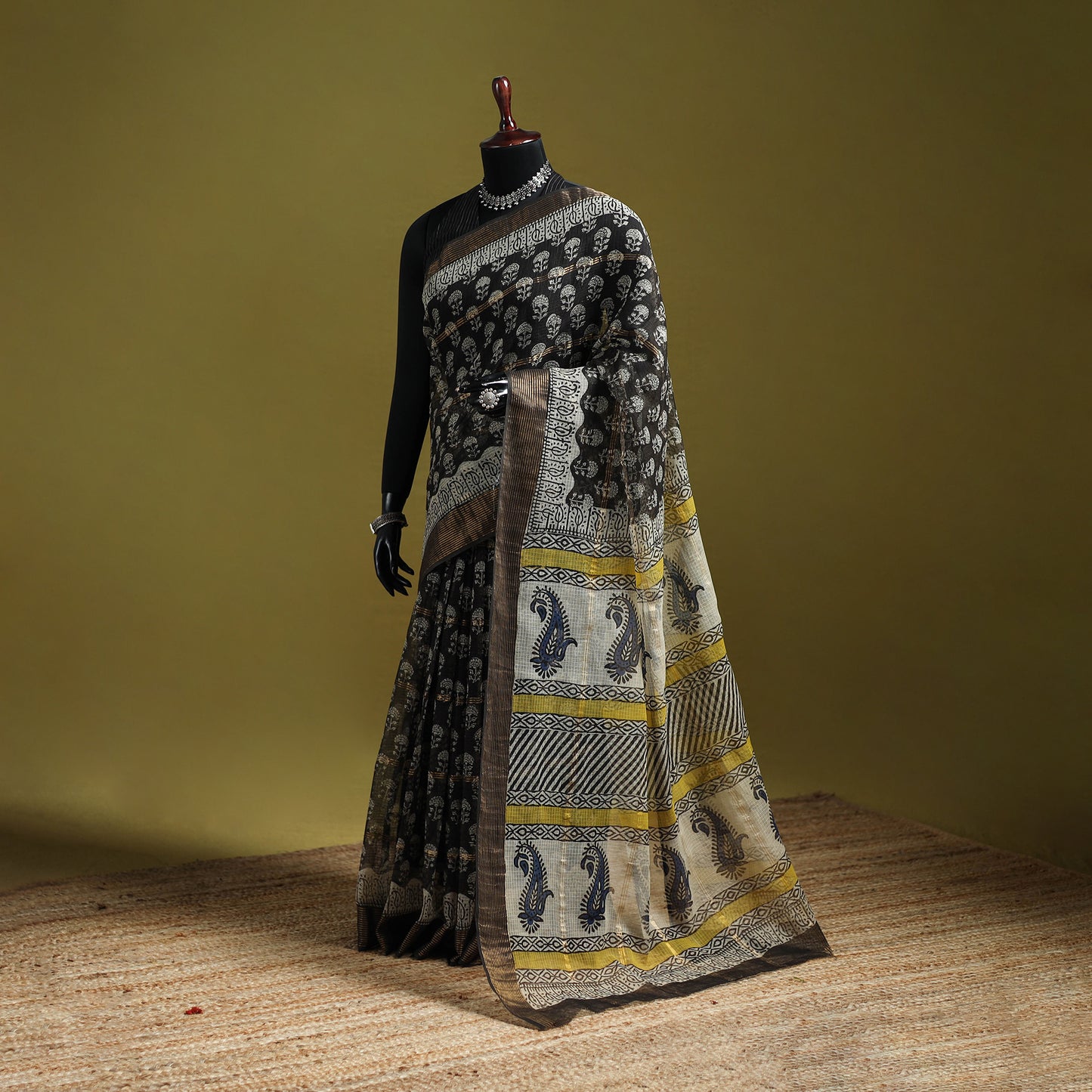 Black - Bagru Hand Block Print Kota Doria Cotton Saree 39