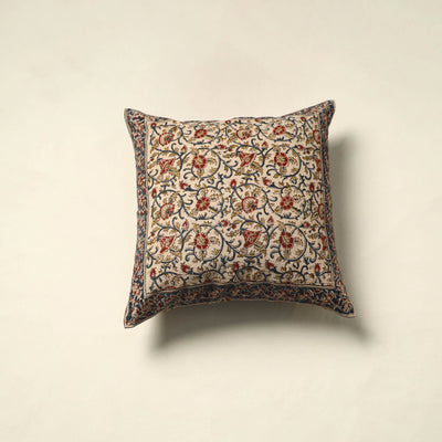Beige Pedana Block Print Cotton Kalamkari Cushion Cover