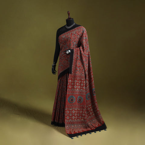 Kutch Hand Block Print Natural Dyed Pure Mul Cotton Ajrakh Saree with Tassels 06