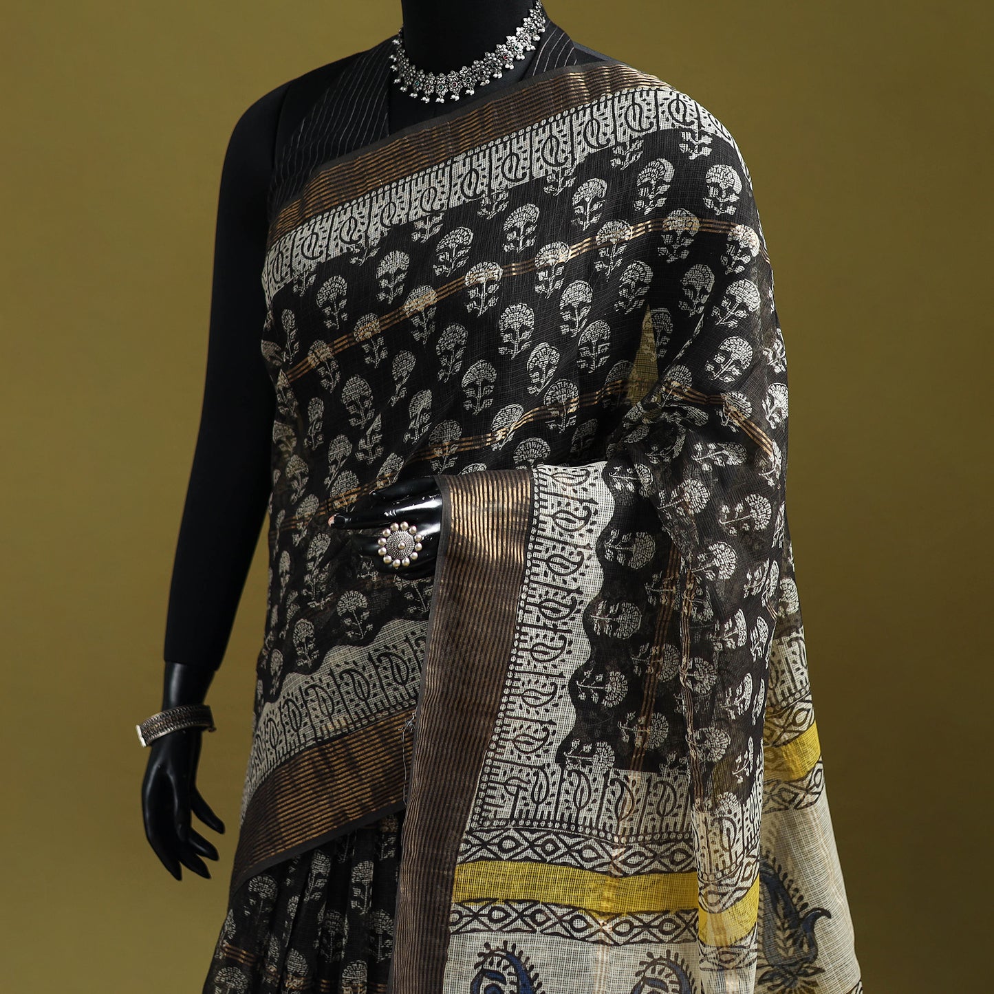 Black - Bagru Hand Block Print Kota Doria Cotton Saree 39