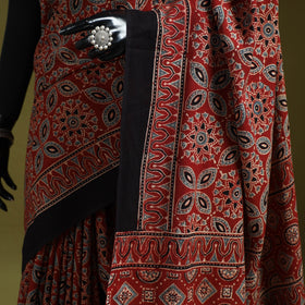 Kutch Hand Block Print Natural Dyed Pure Mul Cotton Ajrakh Saree with Tassels 06