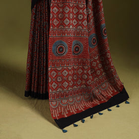 Kutch Hand Block Print Natural Dyed Pure Mul Cotton Ajrakh Saree with Tassels 06