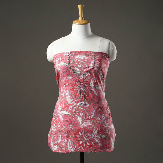 Pink - Embroidered Sanganeri Block Print Cotton Kurta Material with Beads - 2.5 Meter
