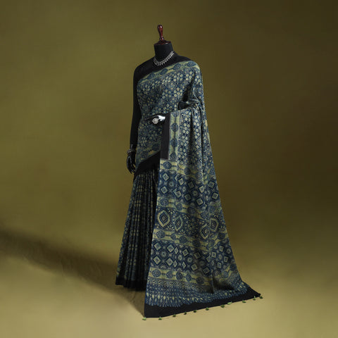 Kutch Hand Block Print Natural Dyed Pure Mul Cotton Ajrakh Saree with Tassels 07